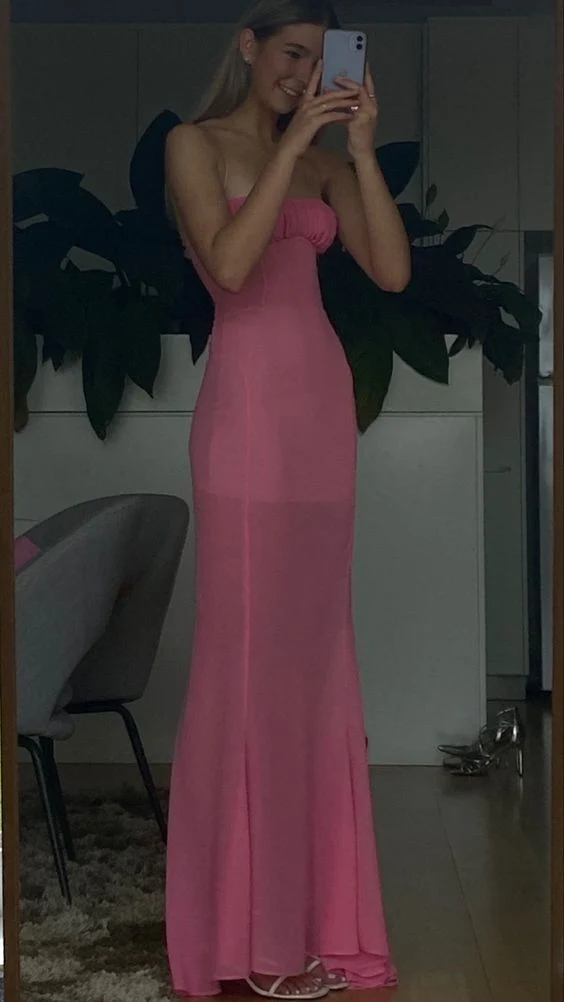 Simple Sheath Strapless Pink Long Prom Dresses P1794