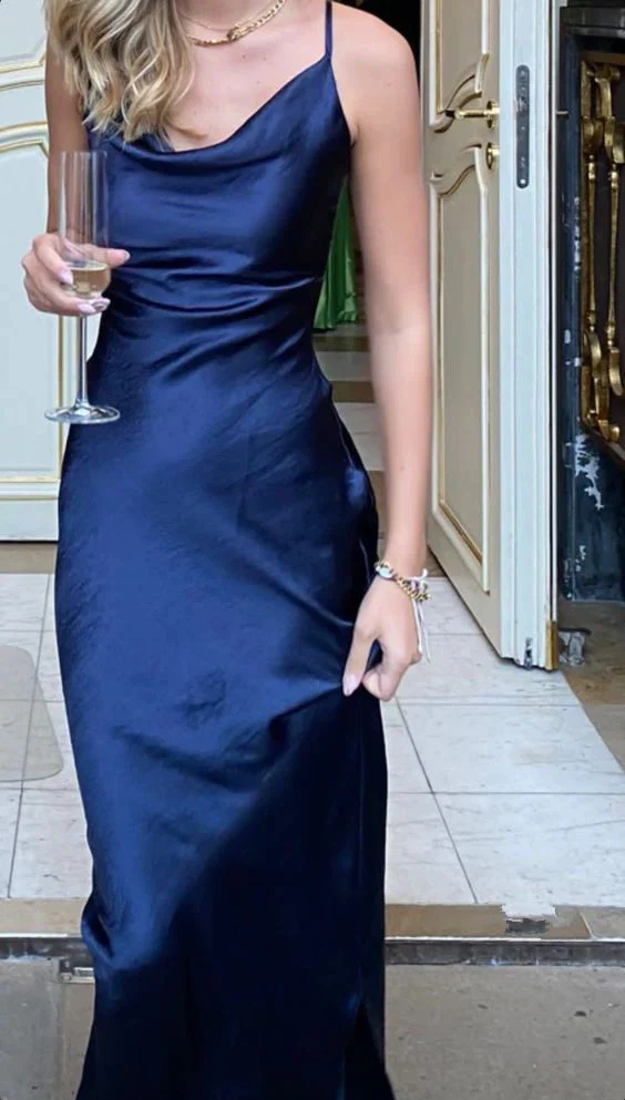 Simple Sheath Straps Navy Blue Long Prom Dresses P1792 - Image 3