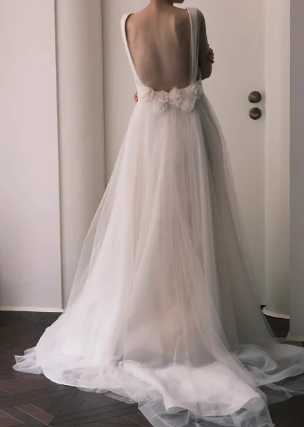 Simple strap white A-line sheer backless wedding dress P2690 - Image 4