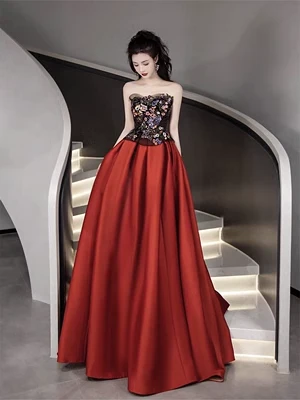 Simple Strapless Satin Red Long Prom Dress P555 - Image 4