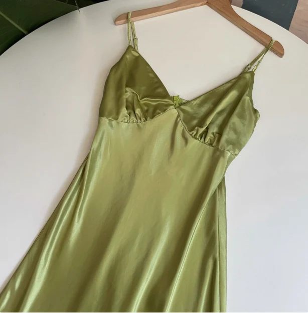 Simple V-neck Strap Satin Green Prom Dress P3401 - Image 3