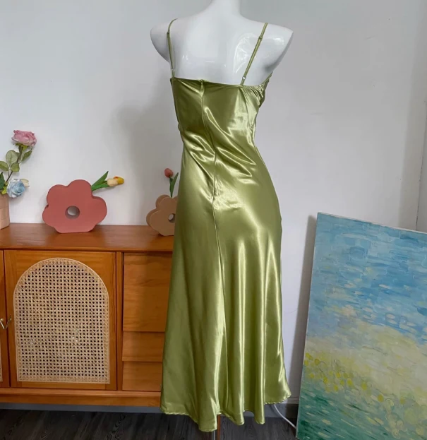 Simple V-neck Strap Satin Green Prom Dress P3401 - Image 4