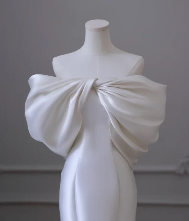 Simple White Off-the-shoulder Bow Satin Mermaid Wedding Dress P2606 - Image 4