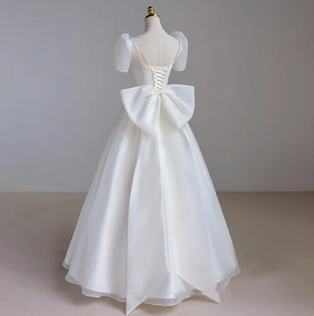 Simple White Short Sleeve Bow Tulle Floor-Length Wedding Dress P2641 - Image 2