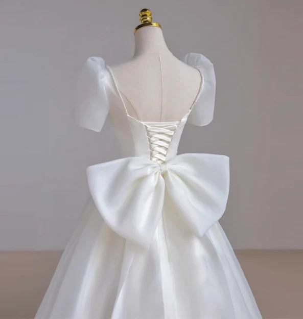 Simple White Short Sleeve Bow Tulle Floor-Length Wedding Dress P2641 - Image 3