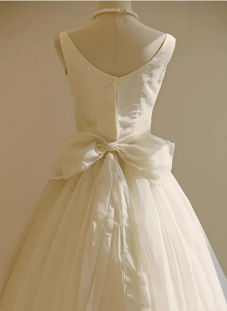 Simple White Strapless Tulle Bowknot A-Line Tea Length Wedding Dress P2721 - Image 4