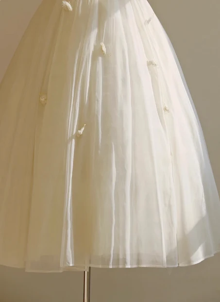 Simple White Strapless Tulle Bowknot A-Line Tea Length Wedding Dress P2721 - Image 5