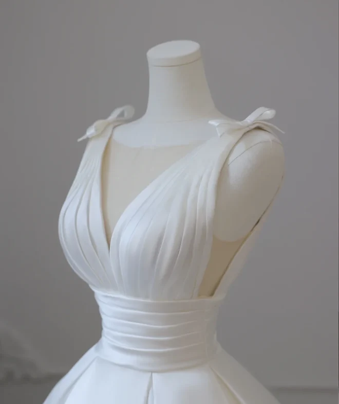 Simple White V-Neck Sleeveless Waisted A-Line Satin Wedding Dress P2612 - Image 6