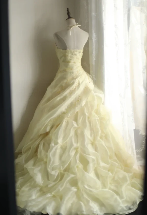 Soft light yellow floral beaded halter neck layered pleated puffy wedding dress P2855 - Image 2