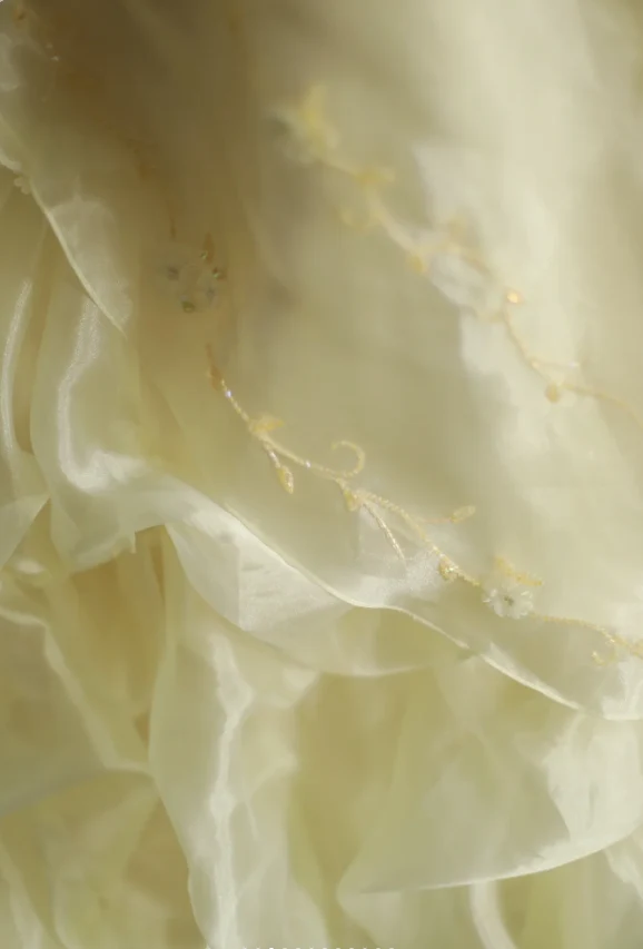 Soft light yellow floral beaded halter neck layered pleated puffy wedding dress P2855 - Image 3