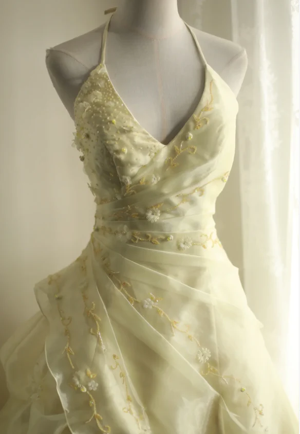 Soft light yellow floral beaded halter neck layered pleated puffy wedding dress P2855 - Image 8