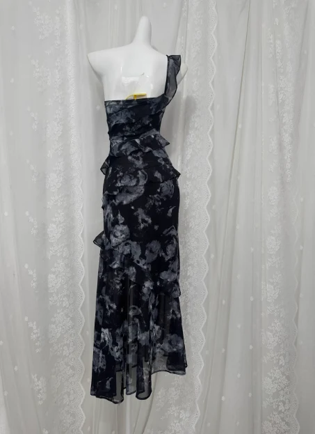 Soft Printed Lace One Shoulder Ruffle Slit Prom Dress P3462 - Image 5
