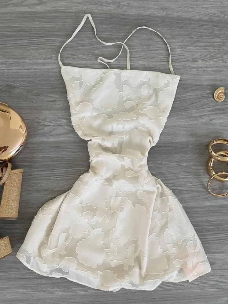 Spaghetti Strap White Embroidered Tie Back Mini Homecoming Dress P3413 - Image 2