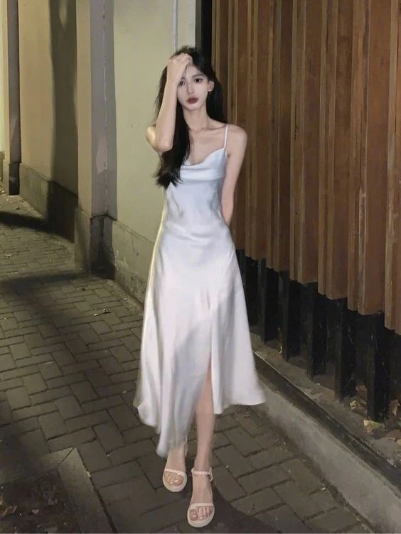 Spaghetti Straps Ivory Satin Mermaid Prom Dresses Side Slit Prom Dress P1170 - Image 5
