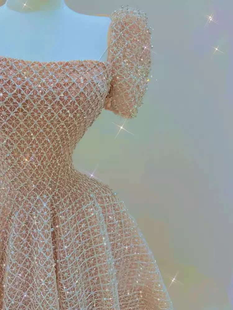 Sparkle A line Square Neckline Sequin Pink Long Prom Dress P1369 - Image 4