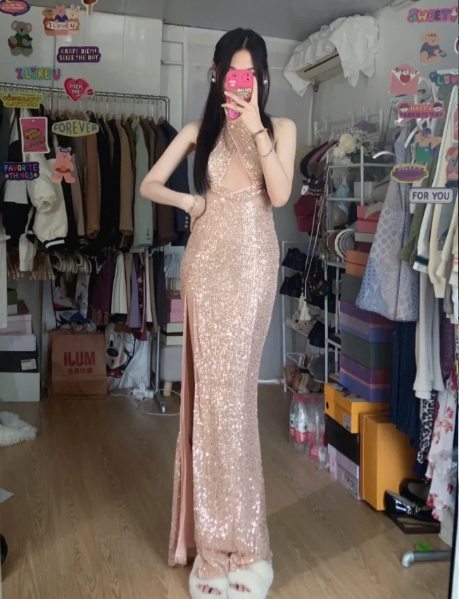Sparkling Champagne Pink Halter Neck High Slit Sequined Long Prom Dress Evening Dress P4289 - Image 3