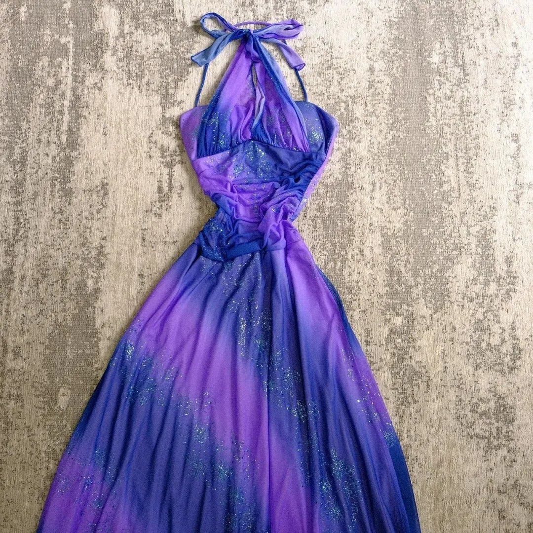 Sparkling Galaxy Chiffon Halter Neck Glitter Purple Prom Dress P3394 - Image 2