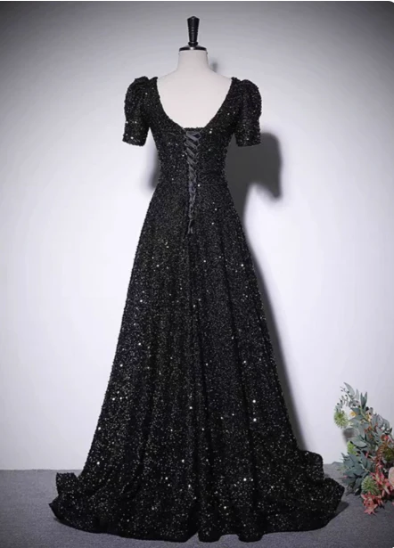 Sparkly Black A-line V-neck Short Sleeve Sequin Long Prom Dress Evening Dress P4579 - Image 4
