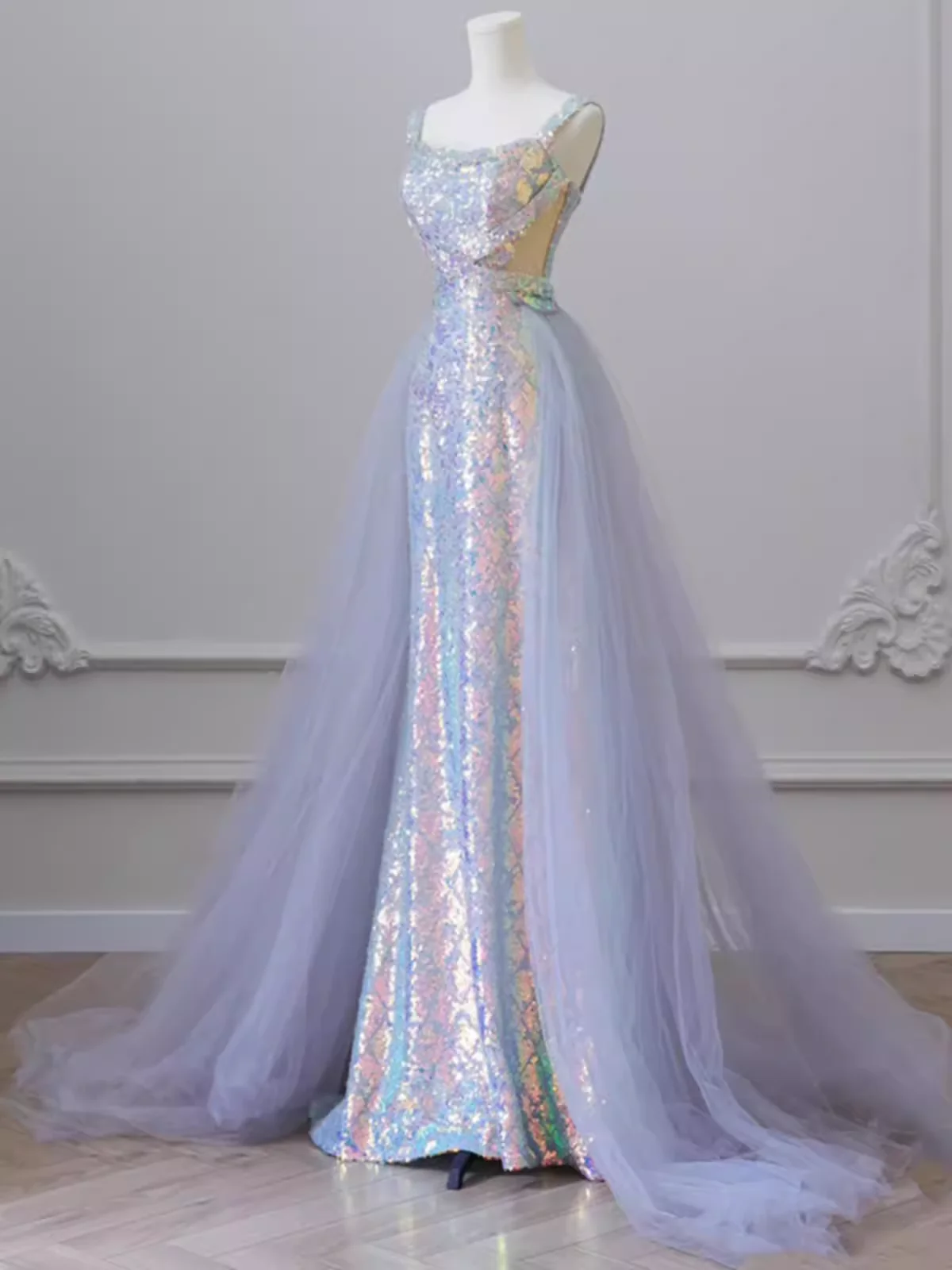 Sparkly Mermaid Sleeveless Sequin Light Sky Blue Long Prom Dress P524 - Image 2