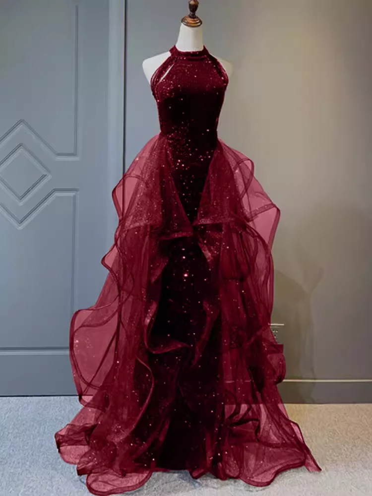 Sparkly Sheath Burgundy Sequin Long Prom Dress Party Dresses P1612 - Image 2