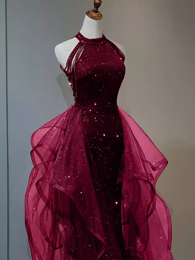 Sparkly Sheath Burgundy Sequin Long Prom Dress Party Dresses P1612 - Image 3