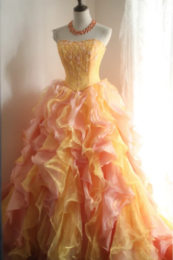 Special Orange Flower Beaded Layered Ruffle Edge A-Line Wedding Dress P2823 - Image 3