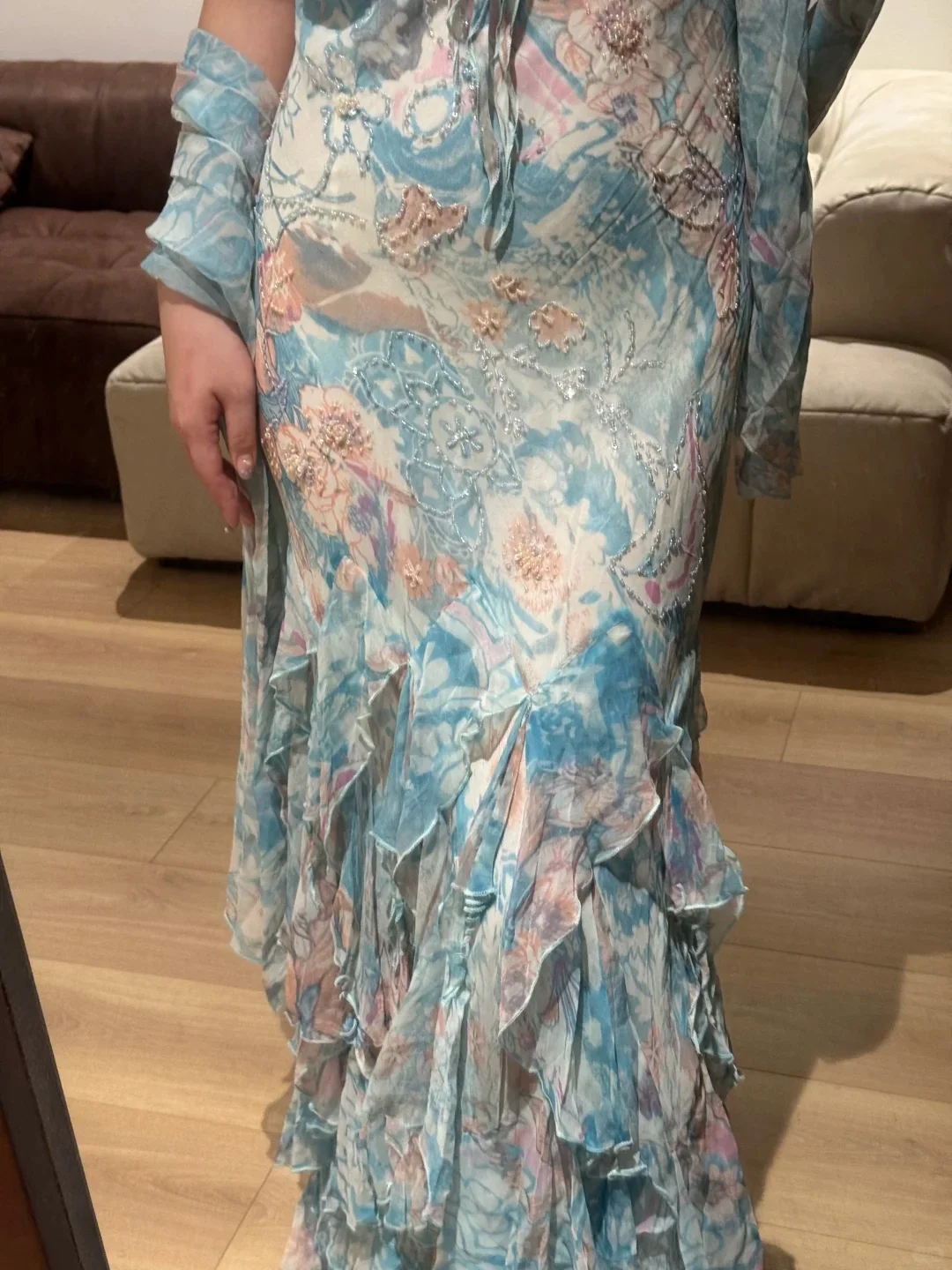 Stunning Blue Oil Painting Chiffon Ruffled Long Prom Dress P3388 - Image 4