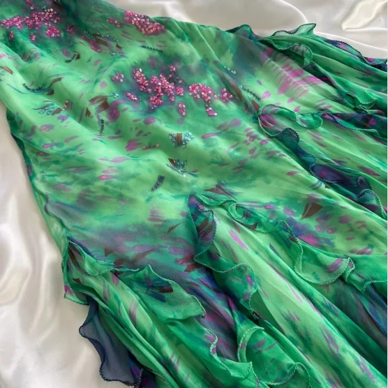 Stunning Green Double-layered Flying Sleeves And Swaying Neck Chiffon Prom Dress P3801 - Image 4