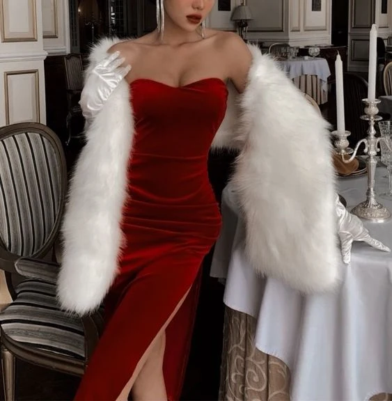 Stunning Mermaid Strapless Long Red Velvet Prom Dress Birthday Outfits P467 - Image 2