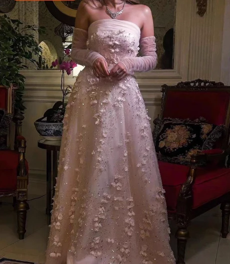 Stunning Pink Strapless 3D Floral Sequin Tulle Train Prom Dress Evening Dress P4634