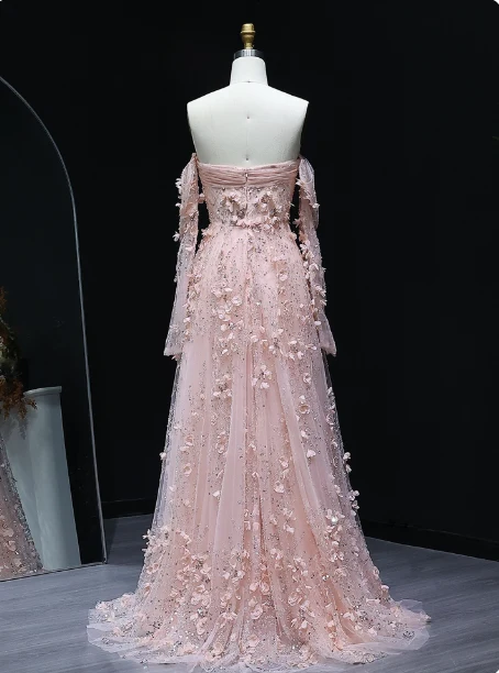 Stunning Pink Strapless 3D Floral Sequin Tulle Train Prom Dress Evening Dress P4634 - Image 3
