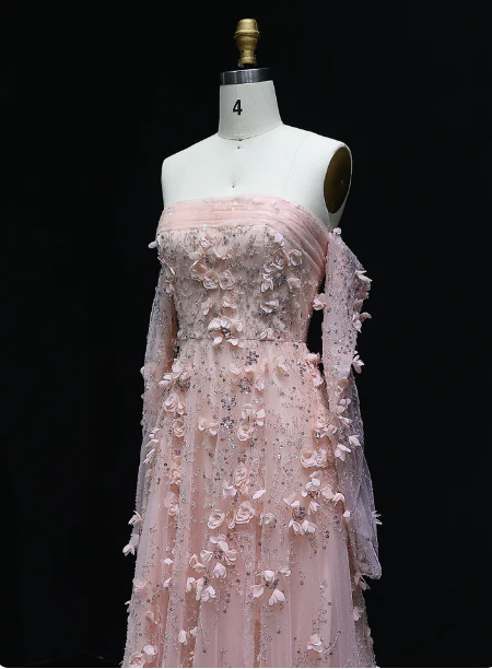 Stunning Pink Strapless 3D Floral Sequin Tulle Train Prom Dress Evening Dress P4634 - Image 4