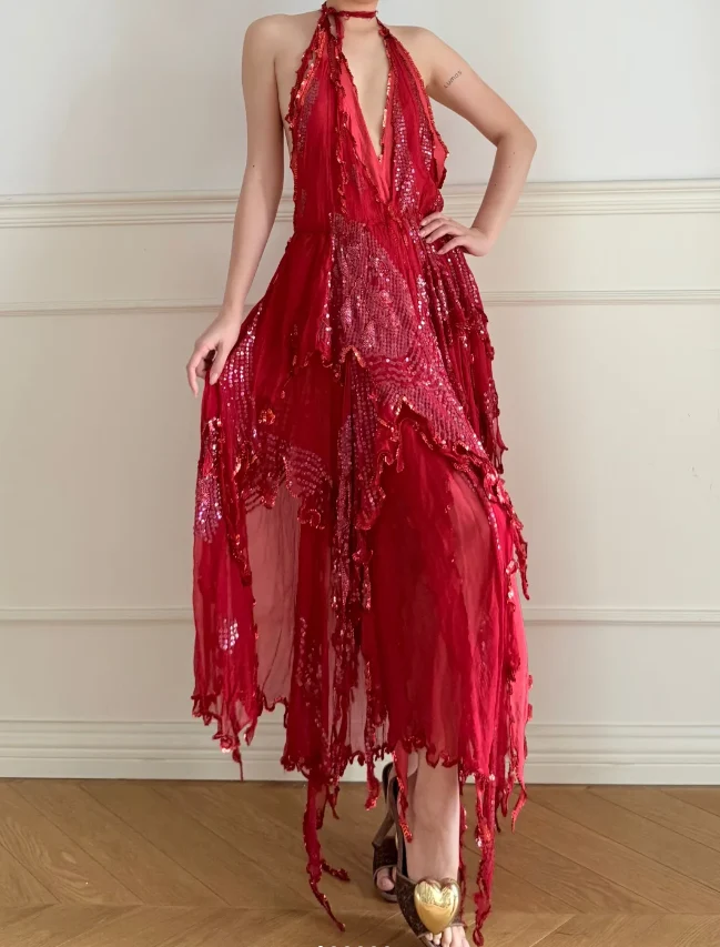Stunning Red Halter Backless Sequin Tulle Irregular Prom Dress Evening Dress P4902 - Image 2