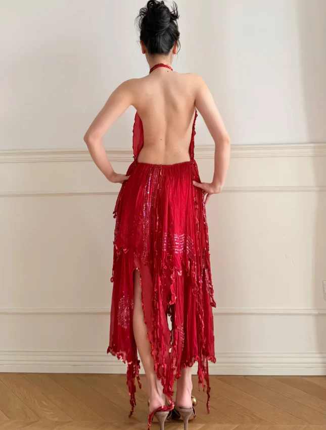 Stunning Red Halter Backless Sequin Tulle Irregular Prom Dress Evening Dress P4902 - Image 5