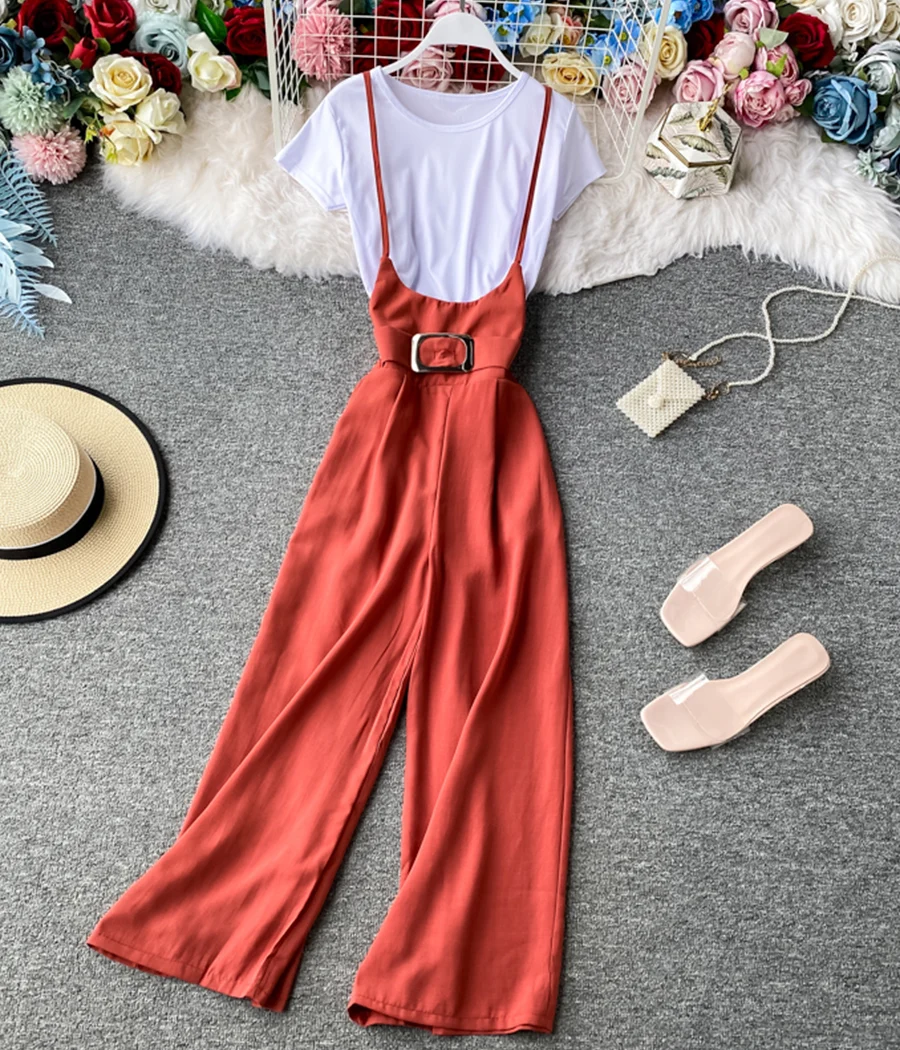 Stylish white t-shirt + strap wide-leg pants 070 - Image 3