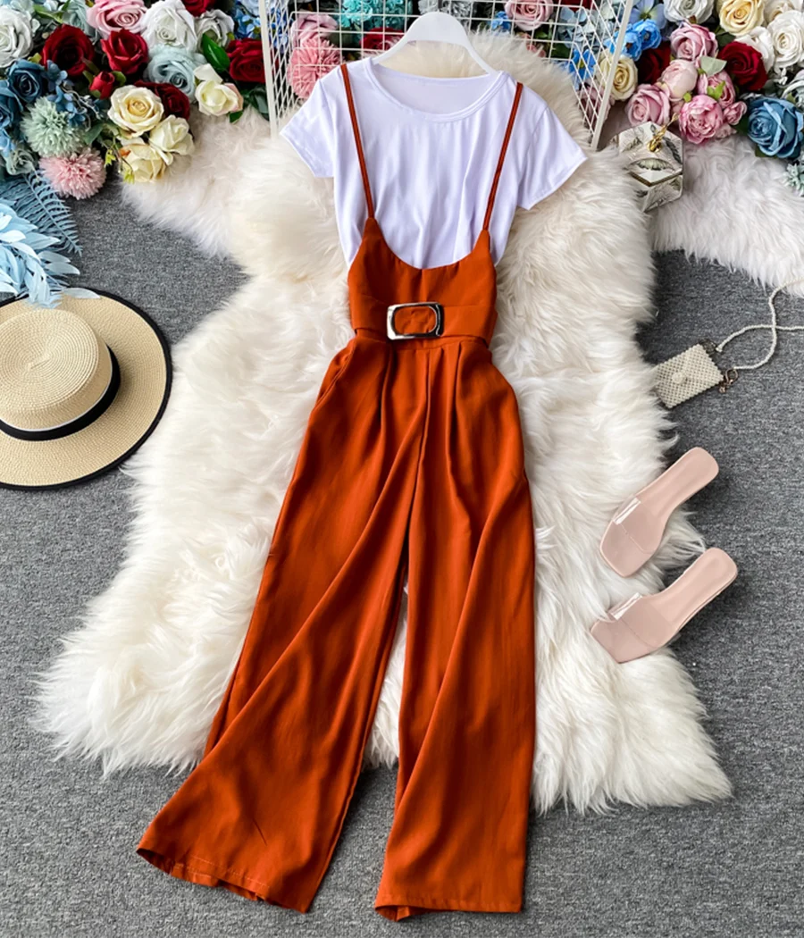 Stylish white t-shirt + strap wide-leg pants 070 - Image 4