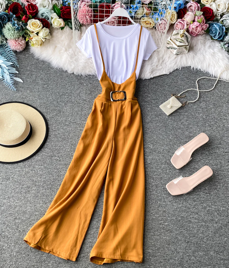 Stylish white t-shirt + strap wide-leg pants 070 - Image 5