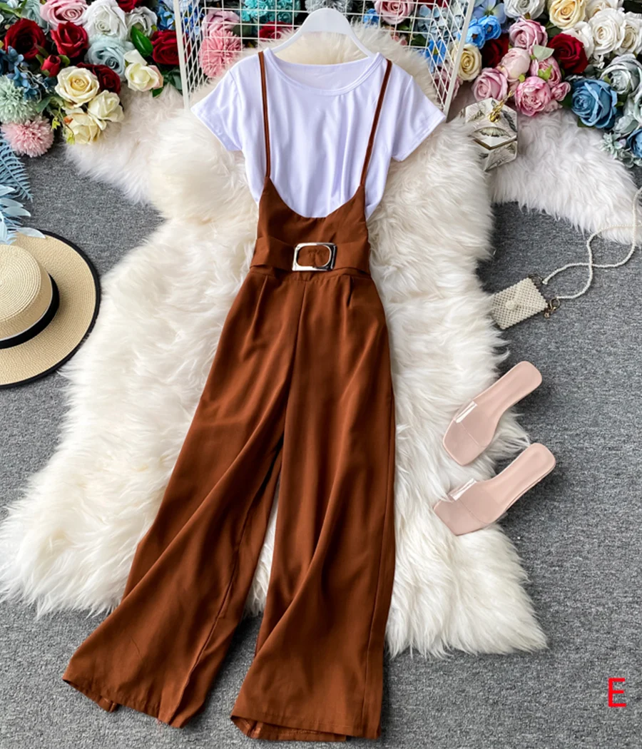 Stylish white t-shirt + strap wide-leg pants 070 - Image 6