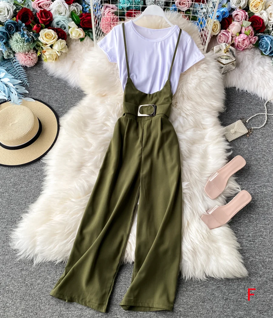 Stylish white t-shirt + strap wide-leg pants 070 - Image 7