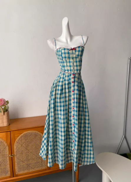 Sweet A-Line Blue Plaid Spaghetti Strap Long Prom Dress Evening Dress P4692 - Image 2