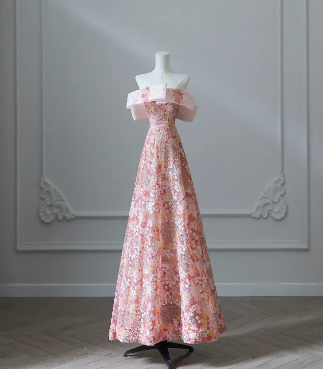 Sweet and lovely pink floral sequined A-line prom dress P2548