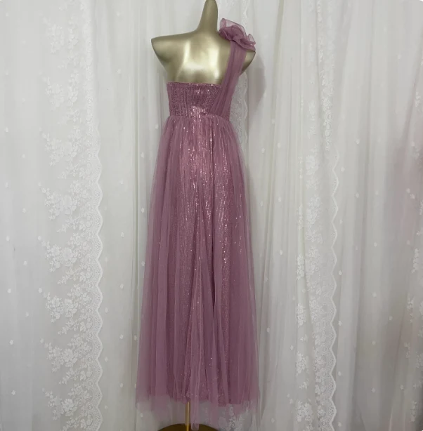 Sweet Blush Purple A-Line One-Shoulder 3D Floral Sequin Tulle Long Prom Dress Evening Dress P4675 - Image 3