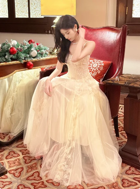 Sweet Cream Apricot A-Line Spaghetti Strap Lace Tulle Long Prom Dress Evening Dress P4365 - Image 3