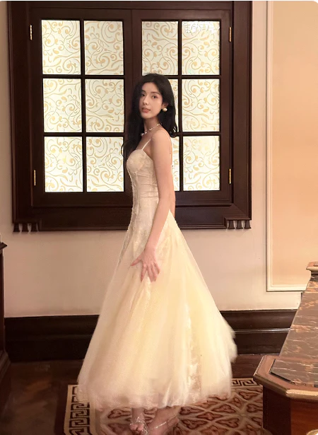 Sweet Cream Apricot A-Line Spaghetti Strap Lace Tulle Long Prom Dress Evening Dress P4365 - Image 4