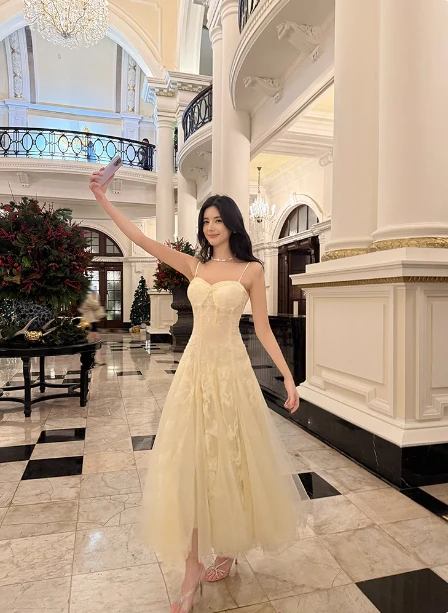 Sweet Cream Apricot A-Line Spaghetti Strap Lace Tulle Long Prom Dress Evening Dress P4365 - Image 5