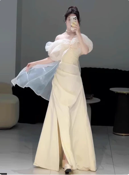 Sweet Cream Yellow A-Line Off-the-Shoulder Bow-Embellished High-Slit Satin Long Prom Dress Evening Dress P4360 - Image 5
