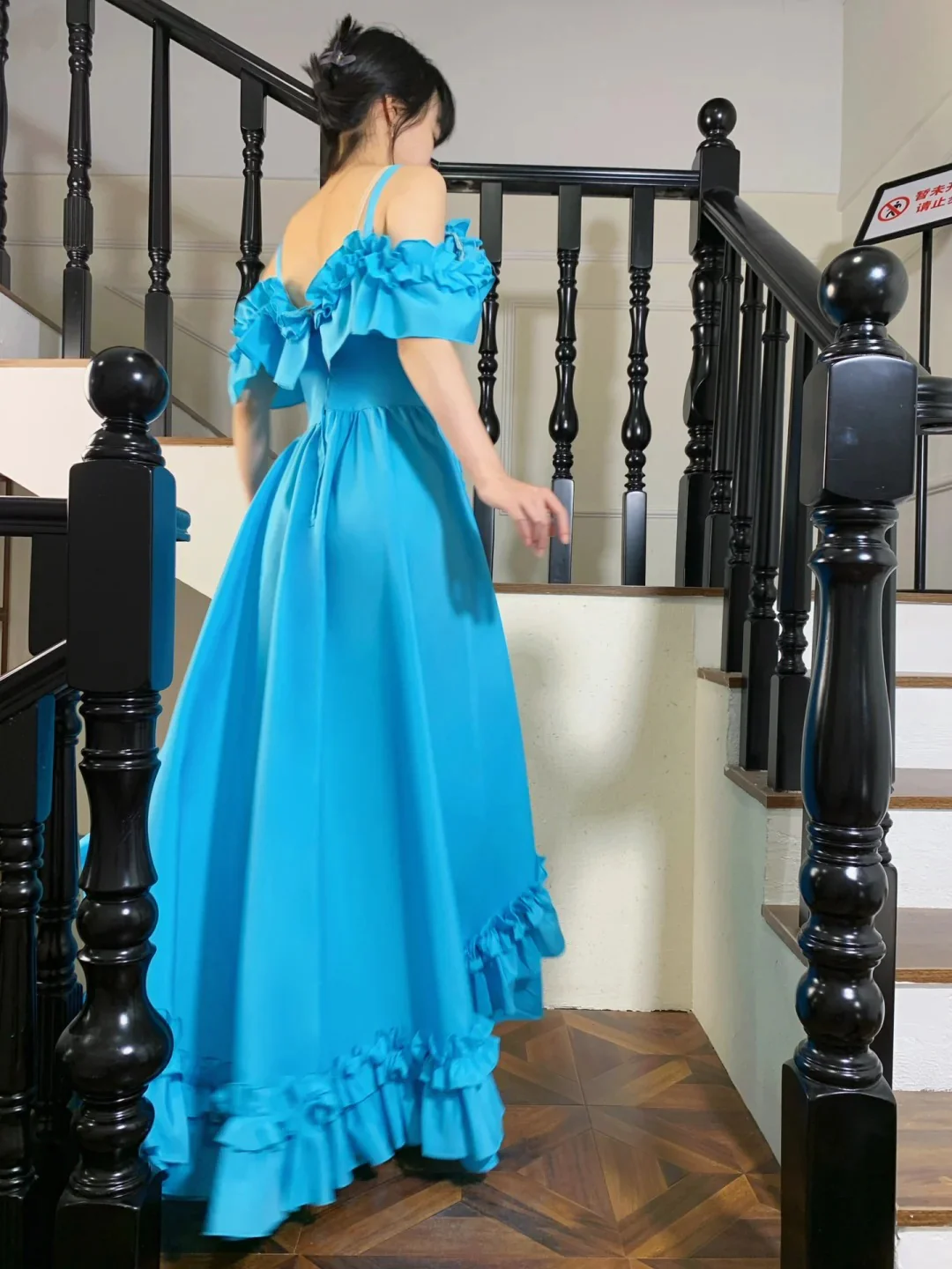 Sweet Lake Blue Ruffle A-Line Satin Long Prom Dress Evening Dress P4826 - Image 3