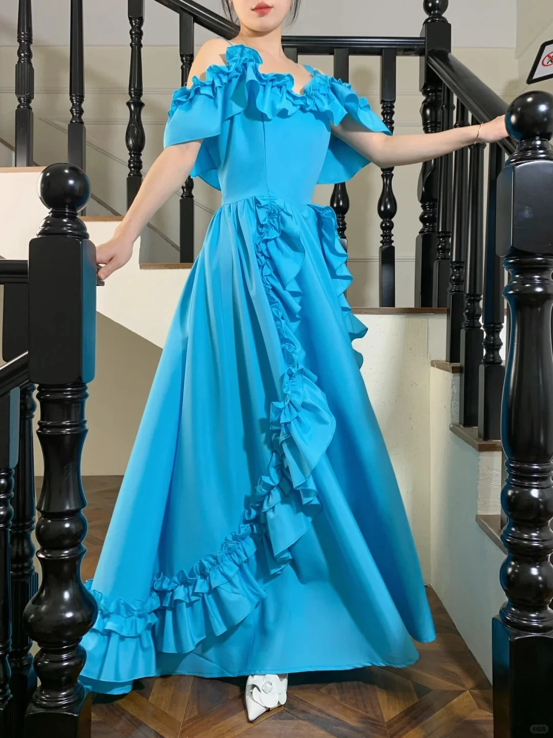 Sweet Lake Blue Ruffle A-Line Satin Long Prom Dress Evening Dress P4826 - Image 5