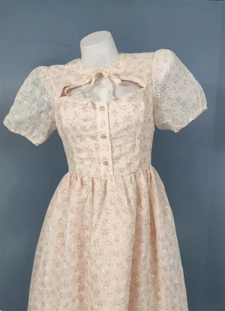 Sweet Light Apricot A-line Floral Print Puff Sleeve Chiffon Prom Dress P4496 - Image 2