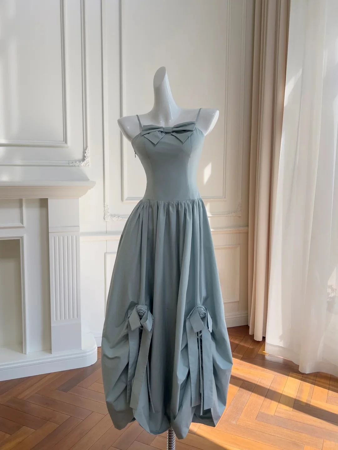 Sweet Light Blue Bud Strappy Bow Prom Dress P4047 - Image 2